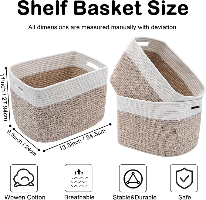 3 Pack Woven Baskets,Storage Baskets for Shelves with Handles | 13.5"×11"×9.5" Closet Baskets, Nursery Organizer for Toys Towels Books, Storage Bin for Living Room Bedroom (White&Brown)
