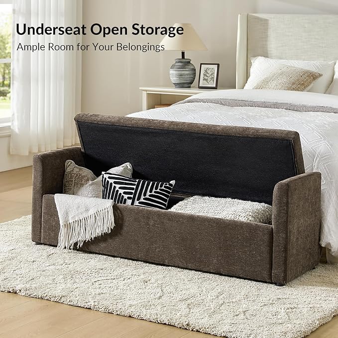 HULALA HOME 59" Storage Bench with 2 Throw Pillows & Armrests, Taupe | Modern Long Bedroom Bench for End of Bed, Comfy Upholstered Fabric Footstool for Entryway Living Room