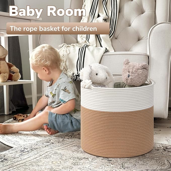 Goodpick Cotton Rope Storage Basket, 15 x 14.2 Inches Jute Woven Basket for Blankets Clothes Organizing, Baby Laundry Baskets Toy Storage With Handle, White Jute | Small Laundry Basket for Living Room Bedroom Nursery Décor, Toy Storage With Handle