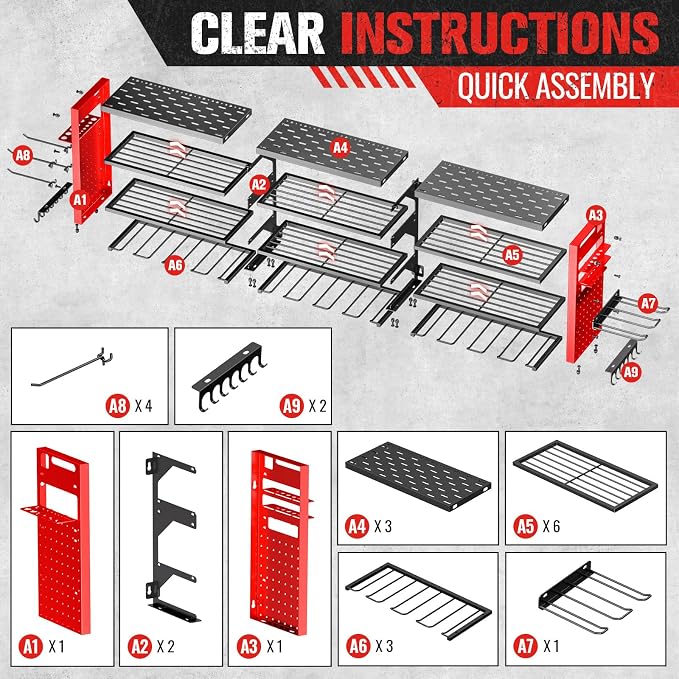 49.8" Power Tool Organizer Wall Mount,Holds 14 Cordless Drills | Large 4-Tier Tool Storage Rack, Heavy Duty 450 lb Load Capacity for Garage Workshop, Black, Gift for Men
