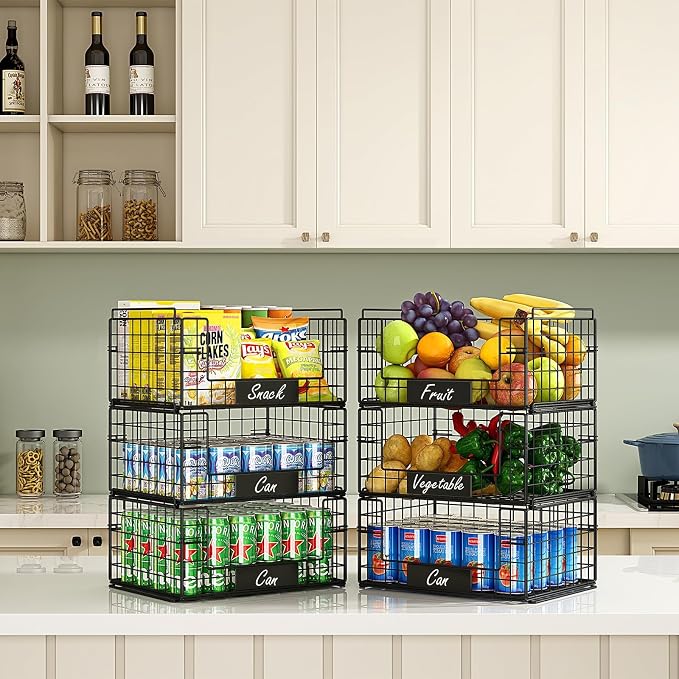 JKsmart 3 Pack XXL Stackable Wire Baskets, Pantry Organizers and Storage | Fruit Basket with Name Plates & Handles & Breathable Design, Muti-Purpose for Snack Rack & Metal Storage Bins & Can Organizer