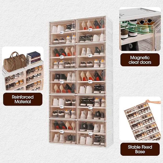40 Pairs Shoes Storage Cabinet of 3-Step Fast Installation,Plastic Shoe Rack with Clear Magnetic Door for Display，Foldable Shoe Organizer for Entryway, Living Room, Garage (2 Row, 10 Tier)