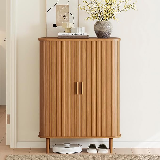 DHH Shoe Storage Cabinet with Sliding Door, 6-Tier Shoe Cabinet with Adjustable Shelves, Mid-Century Modern Freestanding Shoe Storage Organizer for Entryway, Hallway, Living Room (Yellow,31.5 ")