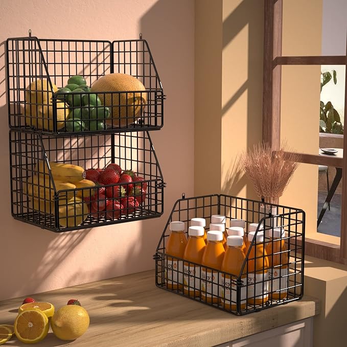 PUPPYCUTE Larger & Deeper Hanging Storage Basket, Closet Organizers and Storage, Hanging Shelves Wire Baskets for Clothing Sweaters Purse Handbags Shoes Black 3 Tier