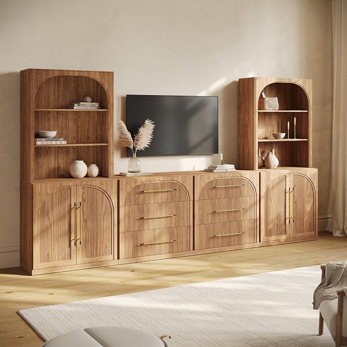 BELLEZE 6-Piece Modular TV Stand Set - 2 Double-Arc Wood Door Sideboards, 2 Sideboards with Drawers, and 2 Hutch Cabinets, Classic Modern Media Console with Adjustable Shelves for Living Room(Camel)