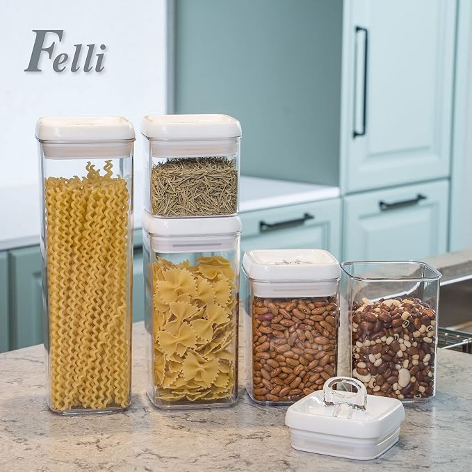 Felli Flip Tite Storage Container with Lid 4" Airtight Ring Seal Top, Stackable Acrylic Canister Jar Set for Kitchen Pantry Organizer, Food Spice Pasta Snack (5pk, Variety)