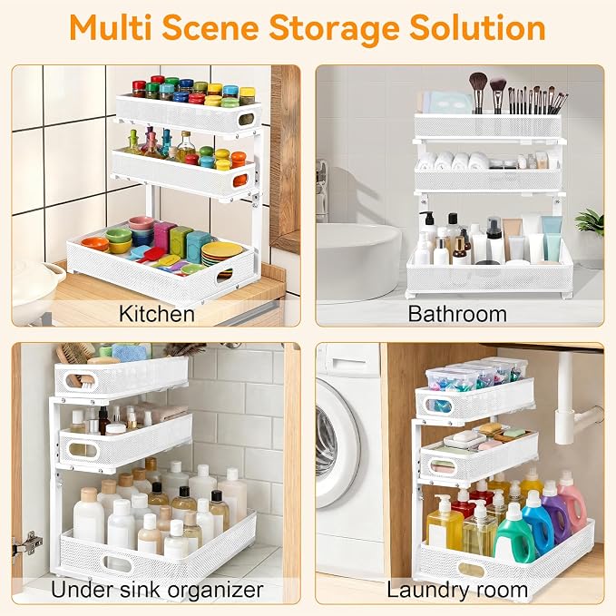 3 Tier Adjustable Under Sink Organizer for Bathroom & Kitchen(1Pack, White) | 35% More Storage, 5 Adjustable Heights, Sliding Pull Out,No Sliding, Heavy-Duty Steel Frame, Multi-Purpose Cabinet Organizer