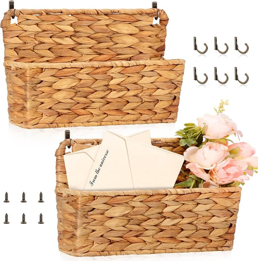 2 Pcs Woven Mail Holder Wall Mount Basket 9.25x1.57 Inch Rattan Wall Letter Holder Wicker Wall Basket Storage Water Hyacinth Hanging Storage Basket with Hooks for Mail Envelope Office