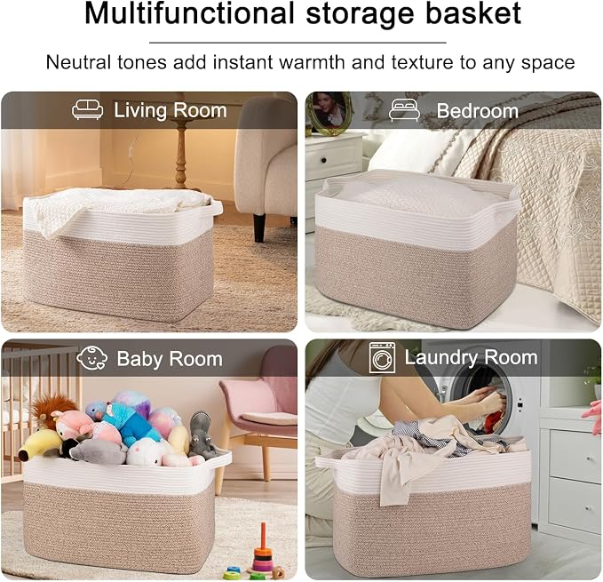 OIAHOMY Extra Large Blanket Basket, 95L Cotton Rope Woven Laundry Basket, Toy Bin for Baby Room, Container for Blanket Storage in Living Room, 24''×17''×14'', Brown & White