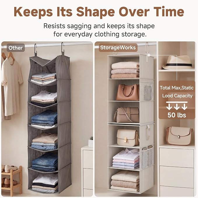 StorageWorks 6-Shelf Closet Organizers, Two 3-Shelf Separable Hanging Shelves for Closet, 12 1⁄2" D x 12 1⁄2" W x 47 ¼" H, Mixing of Beige, White & Ivory