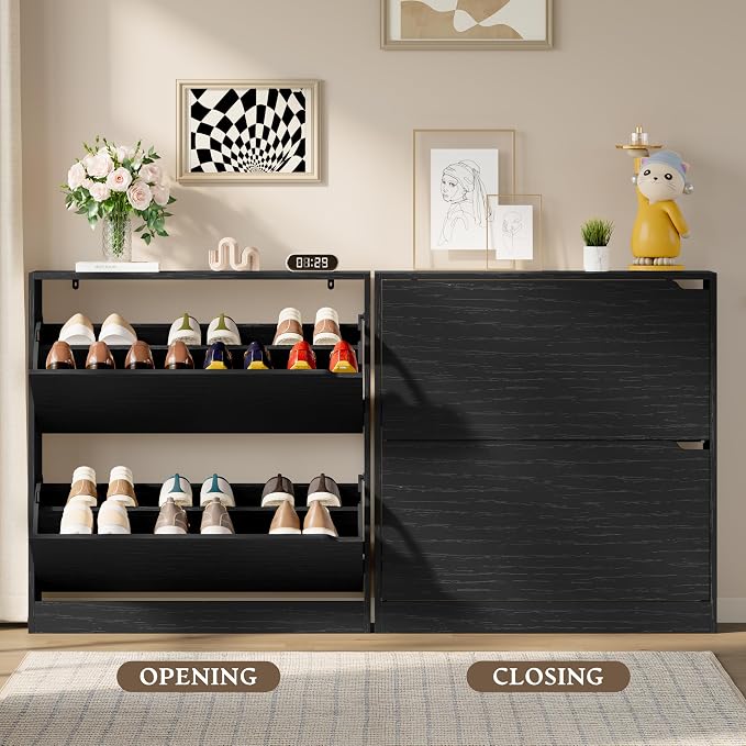 BORNOON Shoe Cabinet with 2 Flip Drawers, Slim Narrow Shoe Storage Cabinet, Freestanding Shoe Organizer with Adjustable & Removable Shelves, Top Display Shelf for Entryway, Hallway, Foyer, Closet