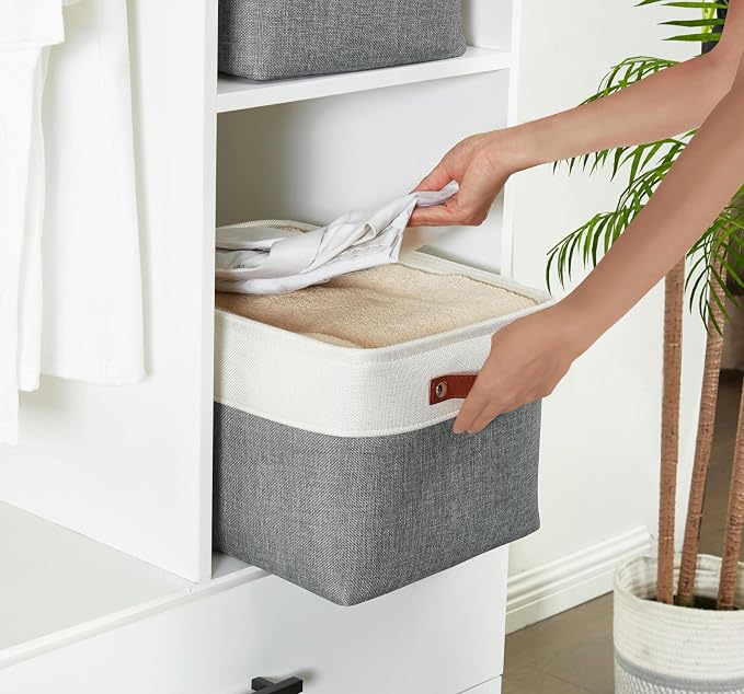 DECOMOMO Storage Bins, Large Fabric Storage Baskets for Shelves 3 Pack | 15 x 11 x 9.5 inches Decorative Linen Closet Organizers (Slate Grey & White)