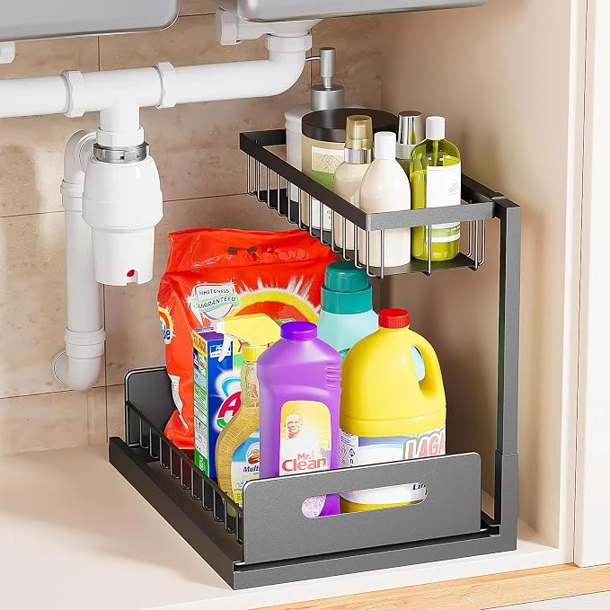 Under Sink Organizer and Storage, Slide Out Cabinet Organizer, Pull Out Sink Shelf for Kitchen Bathroom Laundry, Black, 1 Pack