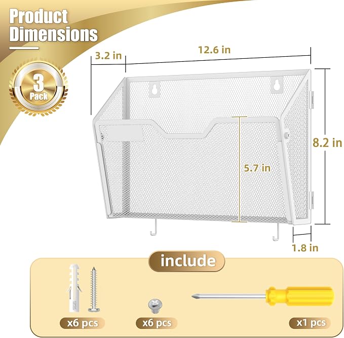 Docnest 3 Pack Mesh Wall File Holders with Hooks for Mail, White | Space-saving vertical design with utility hooks. Ideal paper document organizer for office, home, and school
