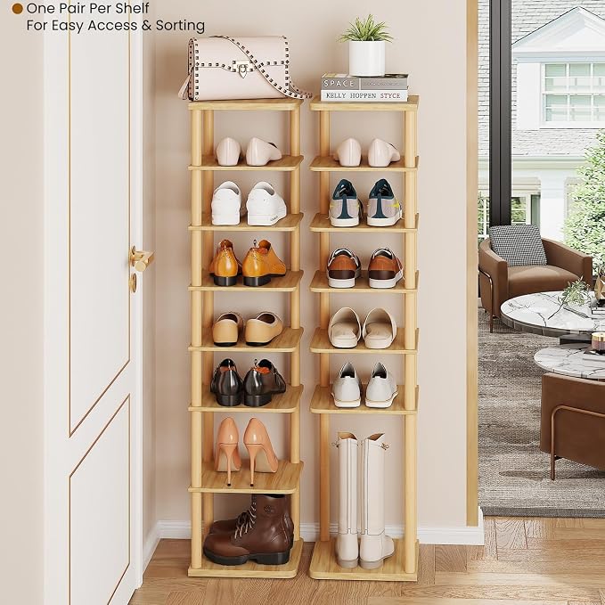 8 Tiers Vertical Shoe Rack Tall Narrow Shoe Tower Corner Shoe Rack, Natural | Small Shoe Organizer for Entryway, Closet, Dorm & Small Spaces, Freestanding Wooden Shoe Shelf for Boots, Sneakers, Heels.