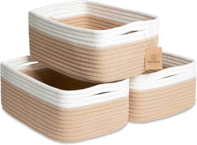 NaturalCozy 11.8"x8"x4.5” Storage Baskets for Shelves 3 Pack | Cotton Rope Woven Small Baskets for Organizing | Small Storage Bins for Nursery, Bathroom, Closet, Cube Shelf, Decorative, Gift Basket