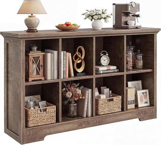 Aheaplus Wooden 8-Cube Storage Organizer with Charging Ports, Modern Cube Bookcase with Base, 3-Tier Floor Standing Open Cubbies Bookshelf, Cubicle Display Shelf for Home and Office, Cracked Oak
