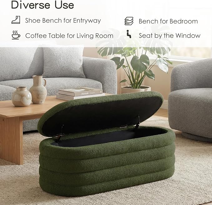Storage Ottoman Bench, 45'' Upholstered Boucle Ottoman with Storage, Aesthetic End of Bed Bench for Bedroom Living Room Entryway, Green