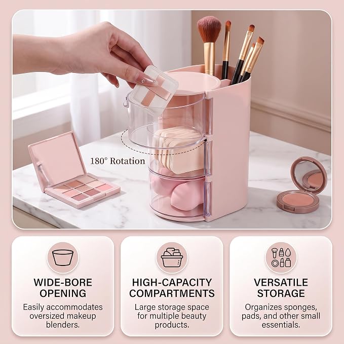 Makeup Organizer, 3-Tier Pink Cosmetic Organizer Dustproof Rotating Makeup Brush Holder, 18.2cm Height Desktop Storage Box For Vanity Countertop Eyebrow Pencils Powder Puffs And Office Pen Storage