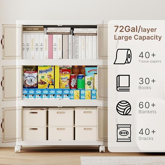 288QT Extra Large Stackable Storage Bins with Lids | & Wheels & Door, 72Gal Foldable Collapsible Closet Organizers, Plastic containers drawers for bedroom Dorm