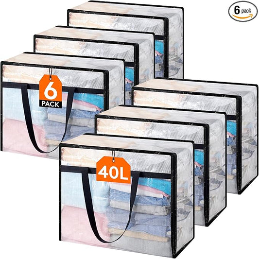 Lifewit 6 Pack Clear Blanket Storage Bags, Foldable Plastic Clothes Organizer with Zipper, Closet Organization Containers and Moving Bag for Comforter, Bedding, Duvet, 40L