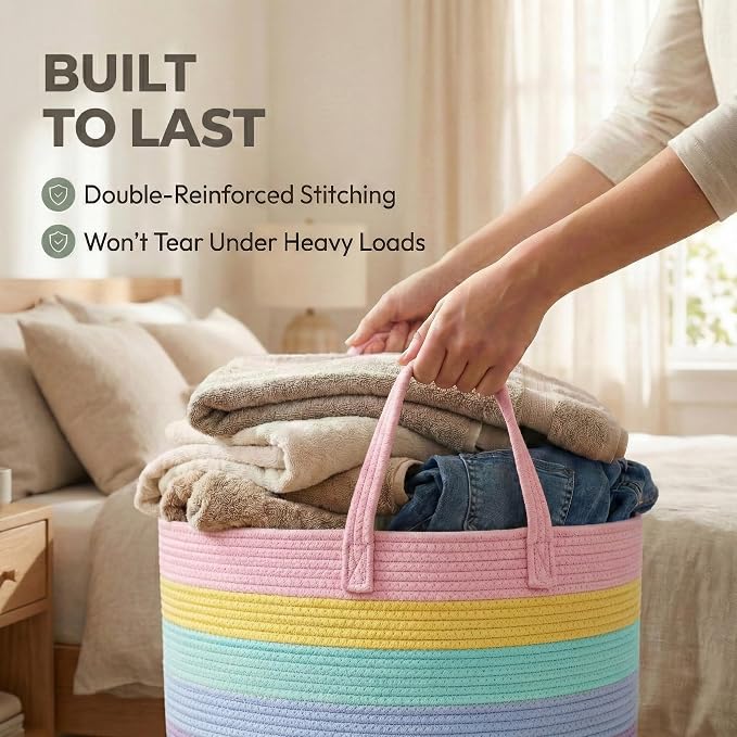 JMvicyroam 115L Extra Large Machine Washable Cotton Rope Blanket Basket | Collapsible laundry hamper, Reinforced handles, For blankets, pillows, toys and clothes, Living room and bedroom, Rainbow