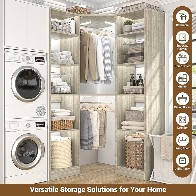 Besiost Corner Closet System with 12 Shelves, 39.2" Corner Organizer | L Shaped Closet with 2 Hanging Rods, Versatile 6-Tier Walk-in Closets for Corner Space, White Oak (39.2" L x 39.2" W x 80" H)