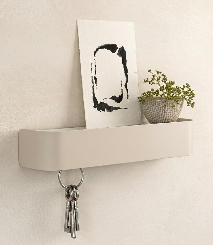 Kazai. Key Holder for Wall 'Tone' | Minimalist Key Hooks Design from Berlin | Modern Key Hanger with Metal Shelf | Key Hook Wall Mounted as Hallway Furniture | Sand Taupe