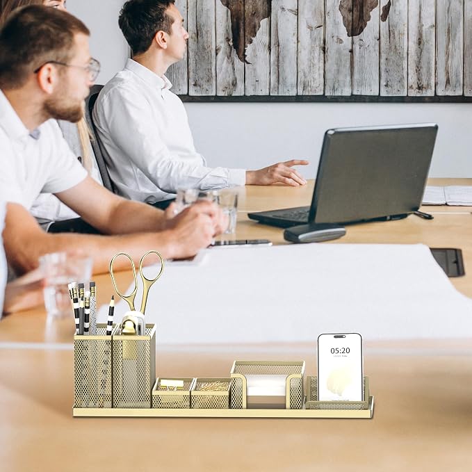 Pen Holder for Desk, 6-Piece Mesh Desk Organizer with Phone Holder, Gold | 6-Piece Black Mesh Desk Set Includes Pen Cups, a Sticky Note Caddy and Phone Holder for Office, School, Home
