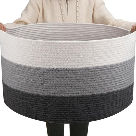 OIAHOMY 90L Extra Large Blanket Basket - Decorative Cotton Rope Storage Basket for Bedroom, Living Room & Nursery - Woven Laundry Hamper for Organizing Blankets, Clothes & Toys - Gardient Dark Grey
