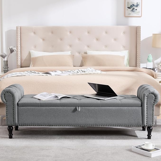 67 Inch Storage Bench for Bedroom, Linen End of Bed Bench, King Size Bench with Rolled Arms, Upholstered Tufted Button Storage Ottoman Benches, Living Room, Entryway, Oyster Grey