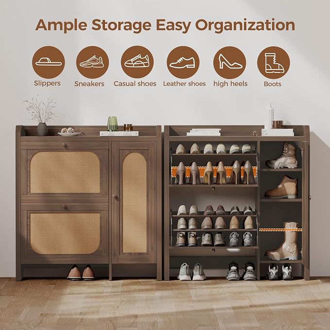 Shoe Cabinet Storage for Entryway with 2 Flip Drawers(3-Tier), Rattan Freestanding with Door & 3 Adjustable Shelve,Hidden Shoe Rack Organizer for Hallway, Foyer