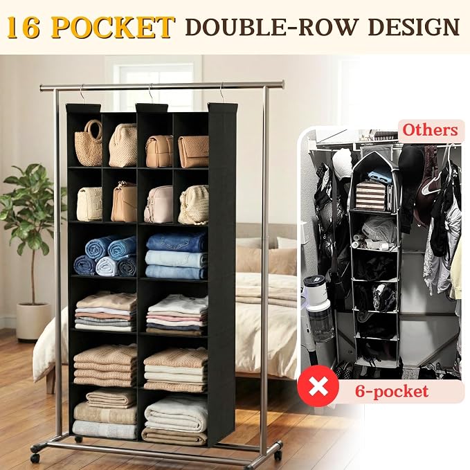 6 Tier Hanging Closet Organizer, 16 Compartments Dual Row Storage, Black | Closet Organizers and Storage with Large & Small Pockets, 3 Sturdy Hooks Support Heavy Loads, Ideal for Dorm, Garment Rack