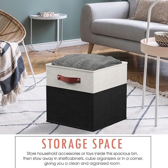 Ornavo Home 11x11 Foldable Fabric Storage Cube Bins, 6 Pack, White/Black | Collapsible Linen Shelf Basket Organizer; Leather Handles; Ideal Cube Storage For Closet