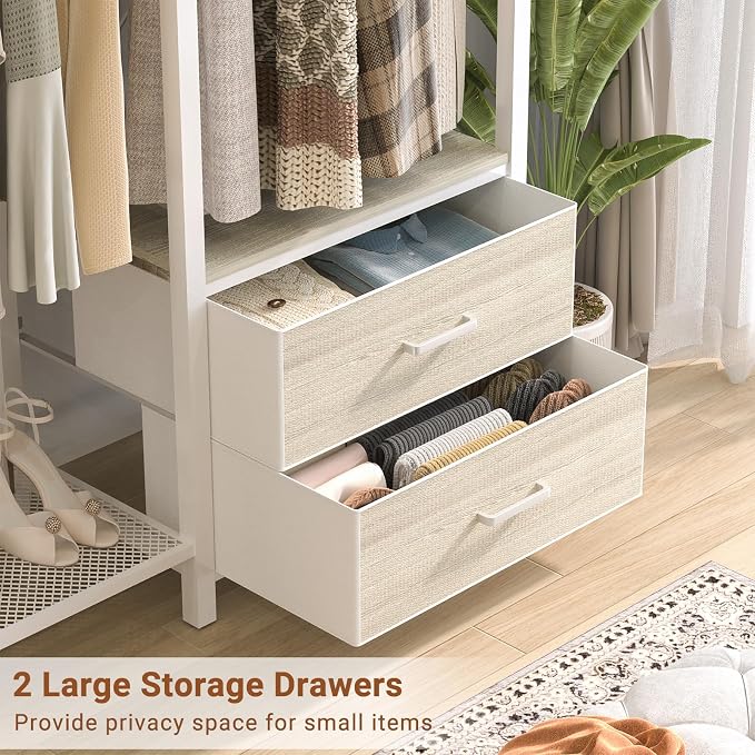 78.7'' Clothes Rack for Hanging Clothes - Reversible Clothing Rack with 4 Drawers, Heavy Duty Garment Racks with Shelves, 6 Tiers Freestanding Portable Closet Wardrobe System, Set of 2 White Oak