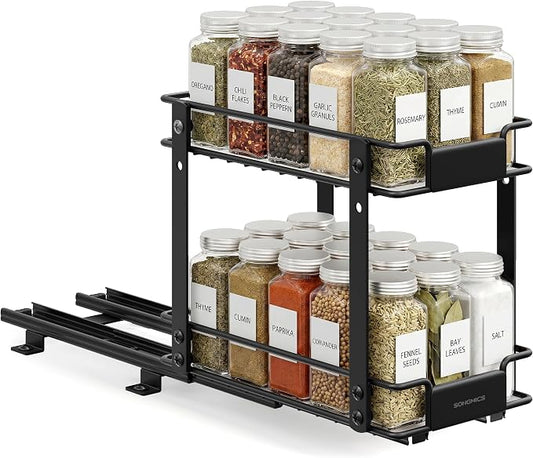 SONGMICS 2 Tier Pull Out Spice Rack for inside Cabinets, Steel | Spice Organizer, Slide Out Cabinet Organizer, for Kitchen Cabinet Storage, Black UKCS117B101
