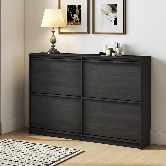 Shoe Cabinet with 4 Flip Drawers, Modern Narrow Shoe Storage Cabinet Organizer with Adjustable Shelf, Hidden Freestanding Shoe Rack for Entryway, Hallway, Living Room, Black