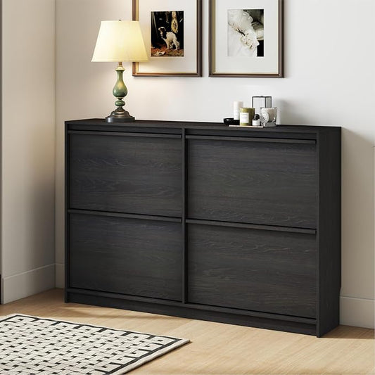 Shoe Cabinet with 4 Flip Drawers, Modern Narrow Shoe Storage Cabinet Organizer with Adjustable Shelf, Hidden Freestanding Shoe Rack for Entryway, Hallway, Living Room, Black