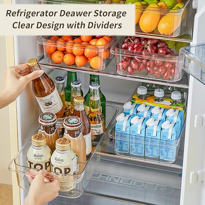 Roll-Out Refrigerator Organizers and Storage, 3 Pack Drawer Fridge Bins | Adjustable Dividers, Custom Compartments, Silicone Wheels, Smooth Sliding on Glass Shelves, Thick Plastic, Built-In Handle