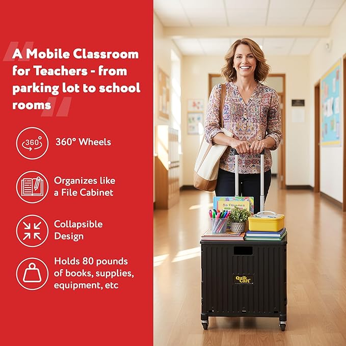 dbest Products Quik Cart 360 Rolling Crate with Wheels - Collapsible Utility Cart for Teachers & Home - Heavy Duty Folding Cart with Seat - 80 lb Capacity - Black | 80 lbs Capacity, 360 Spinner Wheels, Telescoping Handle, Folding Portable Utility Cart ...