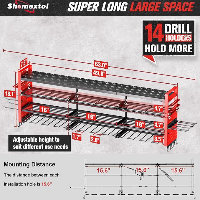 49.8" Power Tool Organizer Wall Mount,Holds 14 Cordless Drills | Large 4-Tier Tool Storage Rack, Heavy Duty 450 lb Load Capacity for Garage Workshop, Black, Gift for Men