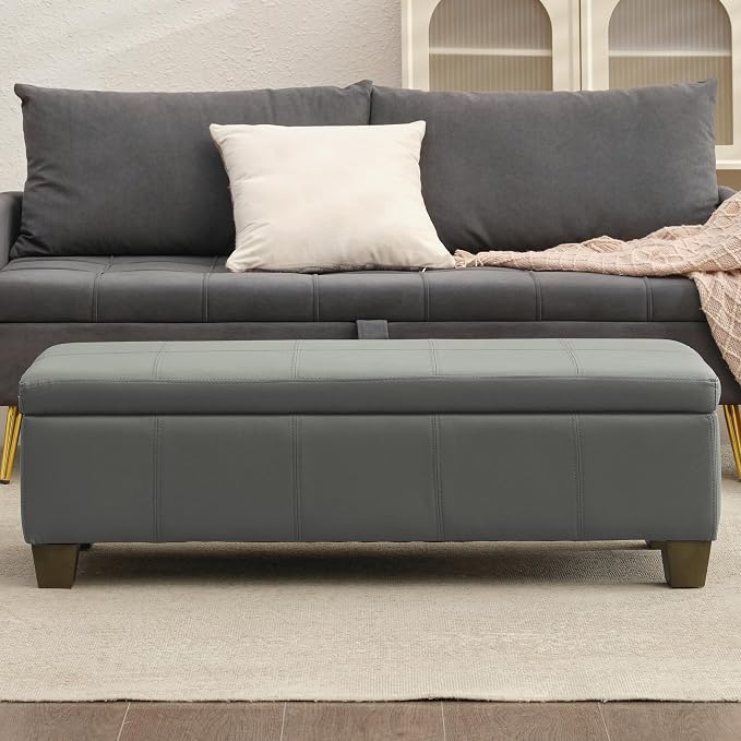 51 Inch Storage Ottoman, Storage Bench with Safety Hinge, Upholstered Synthetic Leather Ottoman Bench for Bedroom, Living Room, Entryway, Hallway, Foot Rest, Support 500lbs