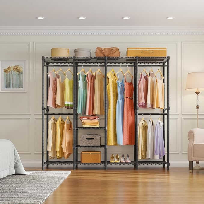 VIPEK V40 Heavy Duty Clothes Rack, Modular Closet System Clothing Rack | 76 inch Adjustable Open Clothing Storage System with 6 Shelves & 4 Hang Rods for Bedroom/Reach-in Closet, Black