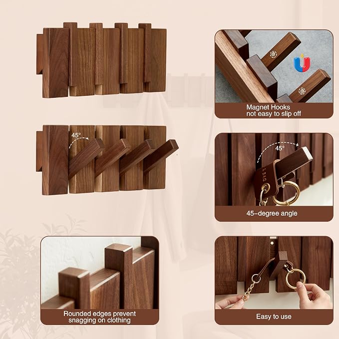 QUELLANCE Wooden Coat Hooks Wall Mounted, Coat Rack Hanger Wall Mount with 4 Hooks, Heavy Duty Coat Hooks for Hanging Coats/Keys/Hats/Robe&Towels/Plants/Bags, Home Decor Gift, Walnut