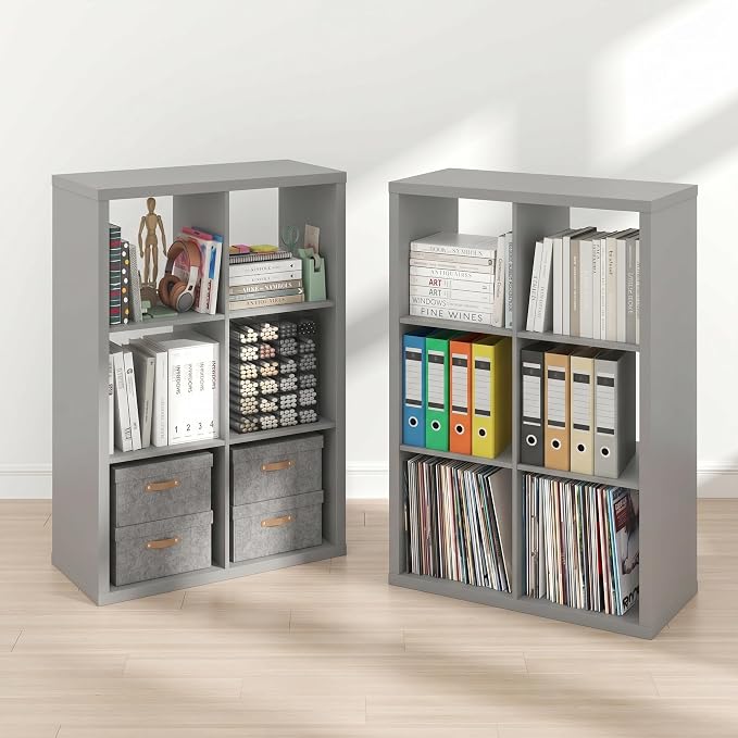 Furinno Cubicle Book Shelf Set of 2, 6-Cube Bookshelf, Light Grey | 14.6 x 43.8 x 30, 1.2" Thick, Horizontal & Vertical Reversible Bookcase with Open Back, for Living Room, Bedroom, Home Office