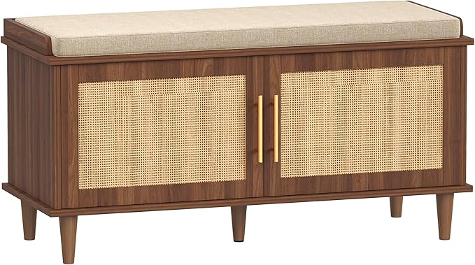 Akxomel 39.4" Rattan Shoe Storage Bench 2 Doors Entryway Bench Walnut | 2 Tier Shoe Bench with Padded Cushion, Adjustable Shelves and 2 Doors, Solid Wood Legs, for Hallway, Living Room, Bedroom