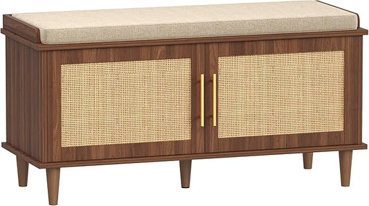 Akxomel 39.4" Rattan Shoe Storage Bench 2 Doors Entryway Bench Walnut | 2 Tier Shoe Bench with Padded Cushion, Adjustable Shelves and 2 Doors, Solid Wood Legs, for Hallway, Living Room, Bedroom