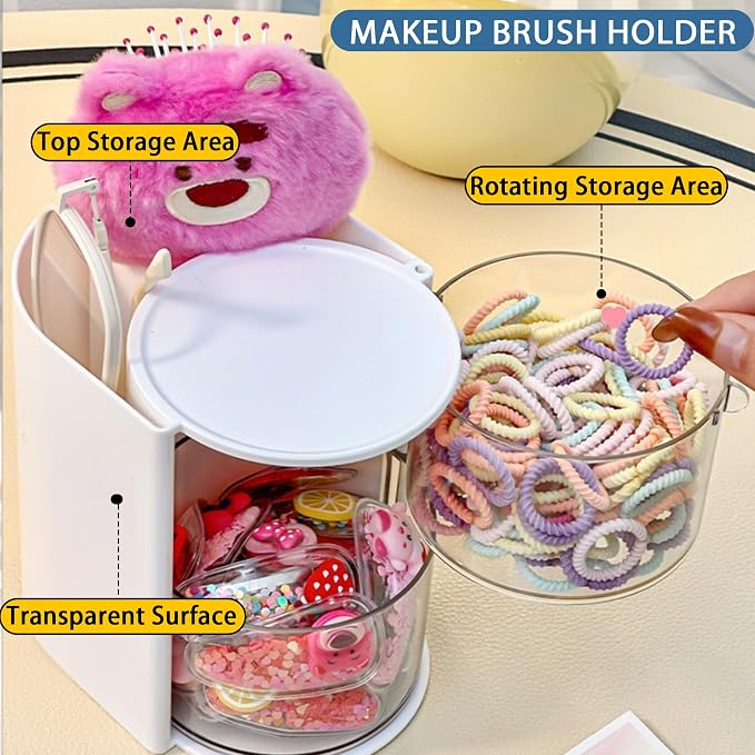 Azurphoric Hair Accessories Organizer with Hair Brush Holder(White,2-Layer) | Rotatable Makeup Brush Holder for Necklaces, Earring, Bracelet, Ring, Makeup Brushes, Hair Clip and Hair Accessories