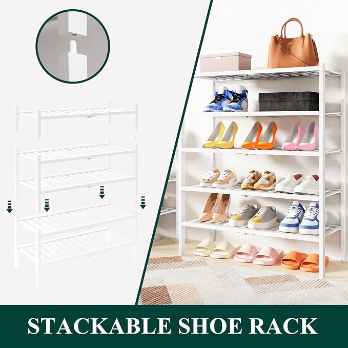 Smiry Bamboo Shoe Rack, 14 Vertical Slats, 3 Tier - 26.8" Wide, White | Stackable Free Standing Wooden Shoe Organizer, Wood Shoe Storage Shelf for Closet, Entryway, Thicher Leg