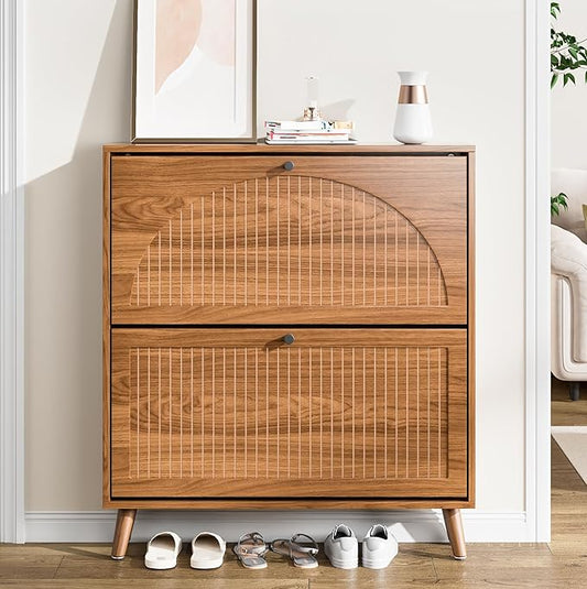 Fsbecl Shoe Storage Cabinet for Entryway with 2 Flip Drawers, Narrow Wood Shoe Cabinet with Fluted Panel, Freestanding Hidden Shoe Organizer for Hallway